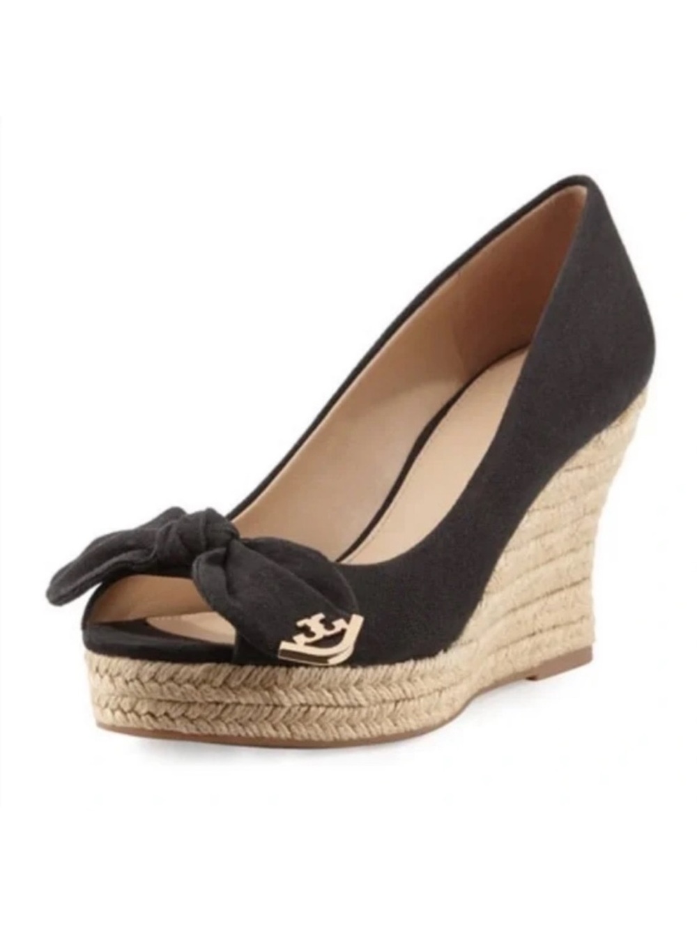 Tory Burch Black Bow Espadrille Wedge with Natural Rope Heel